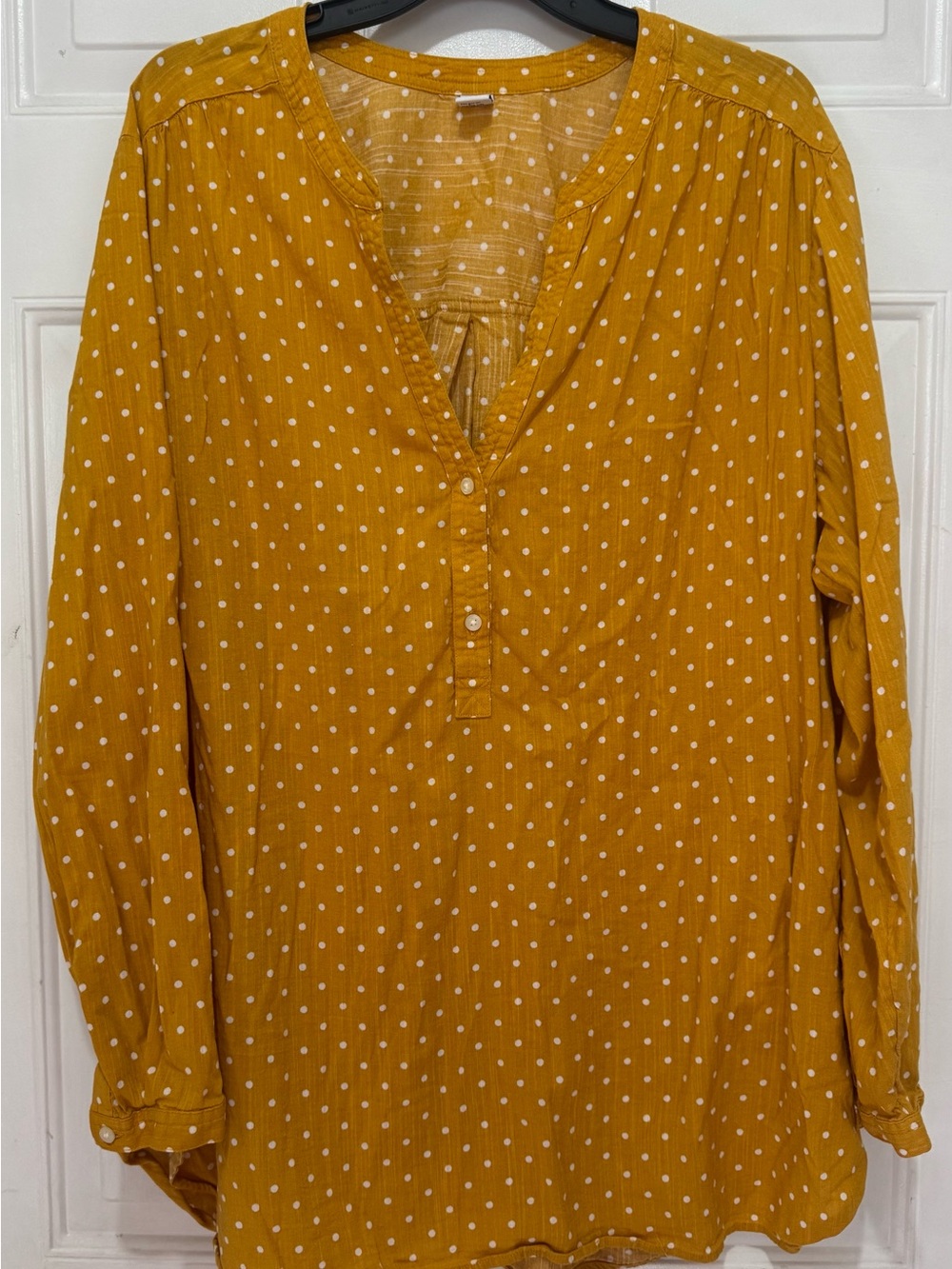 Old Navy Mustard Yellow White Polka Dot Cotton Rayon Henley Blouse Top XXL